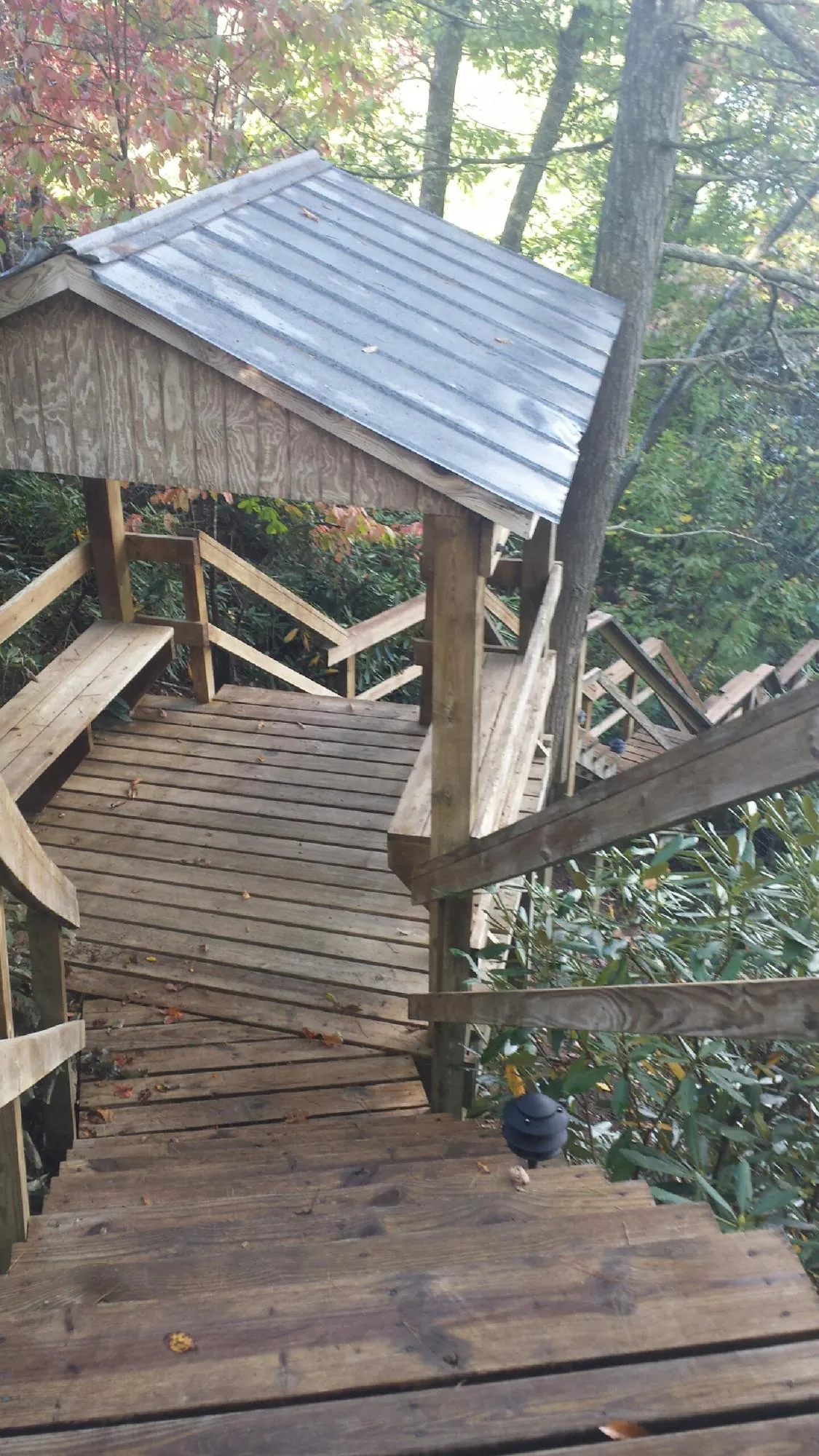 Metal roofed shelter over wooden steps on a wooded walkway — Skylight Repair & Installation work by our crew in Elvaston